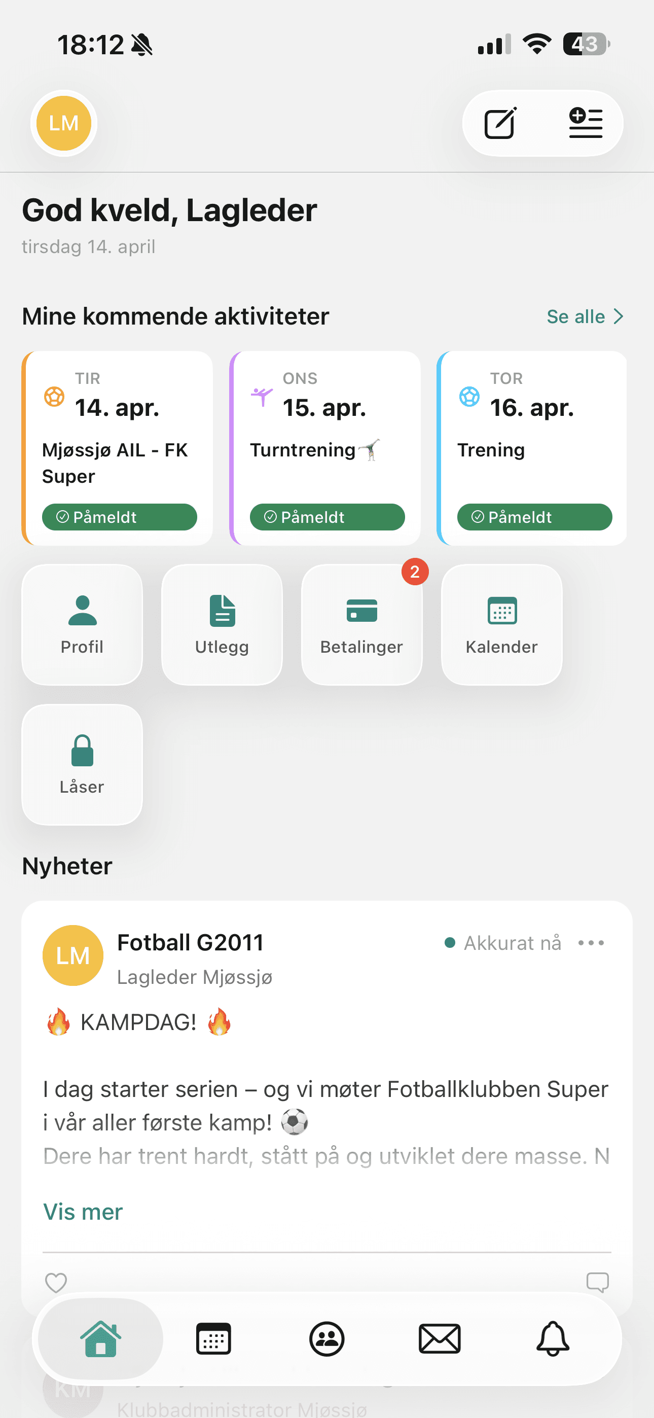 Forsiden i Rubic Connect med kommende aktiviteter og nyheter
