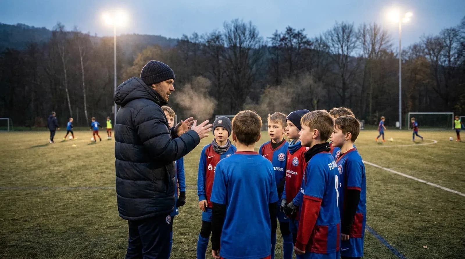 Trener snakker med barn i fotballdrakter på en gressbane