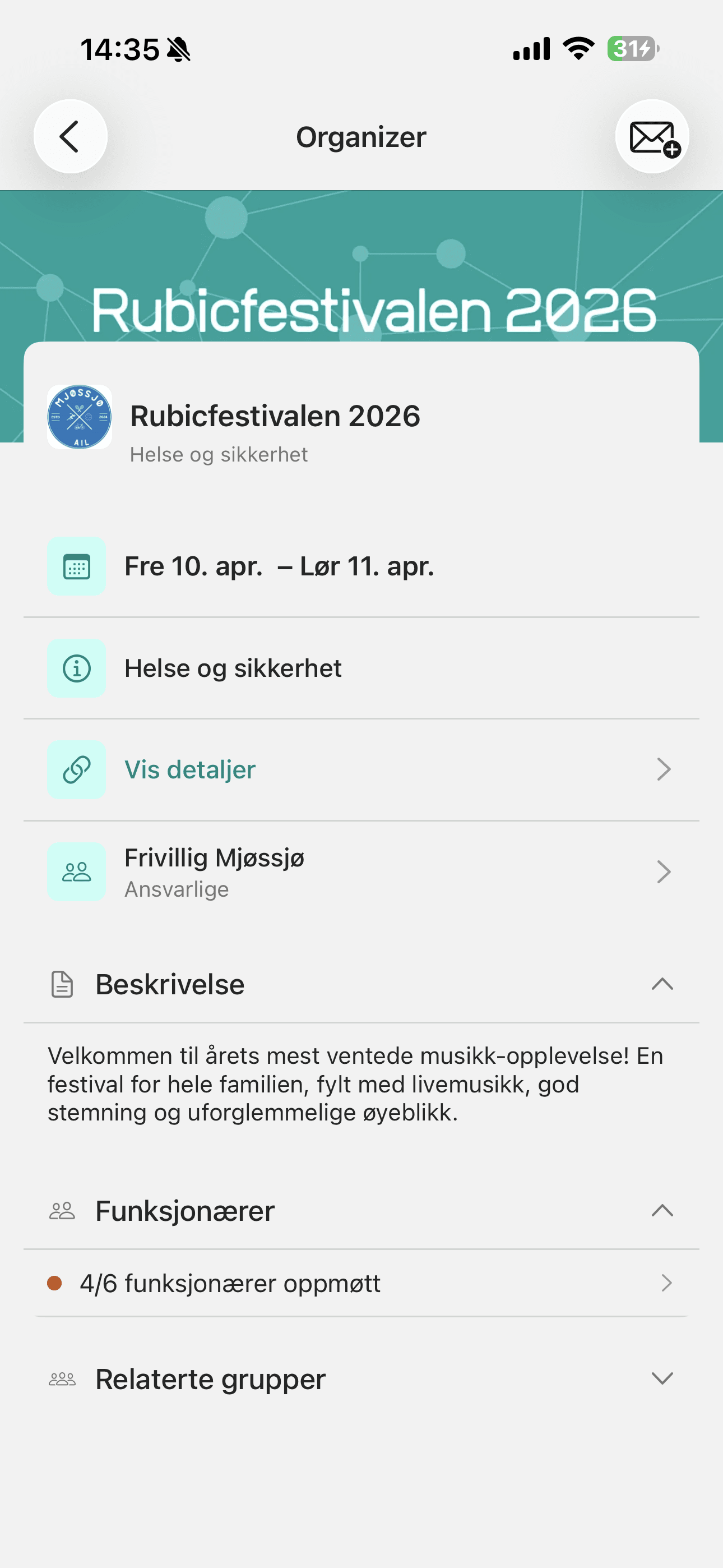 Arrangementet i appen med tidspunkt, ansvarlig og oppmøtte funksjonærer