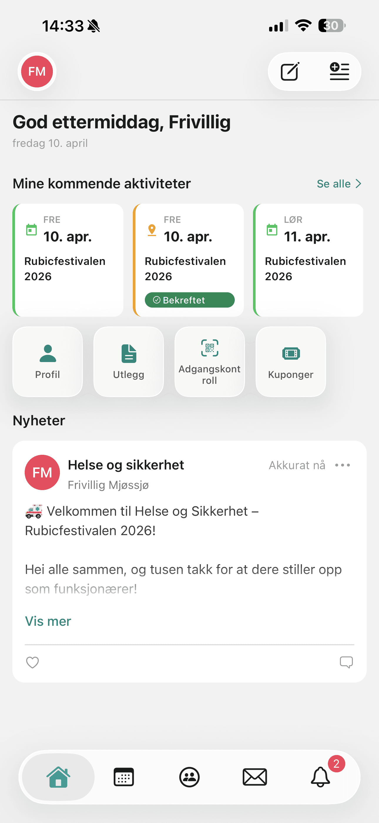 Appen for funksjonærer med adgangskontroll og kuponger