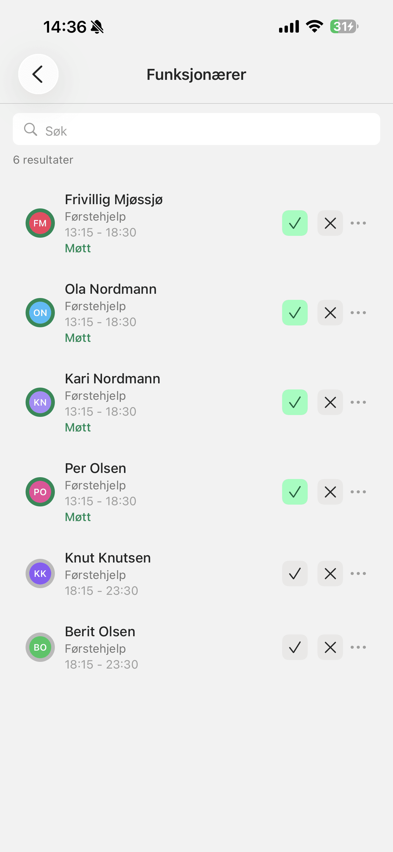 Oppmøtelista for funksjonærene i appen