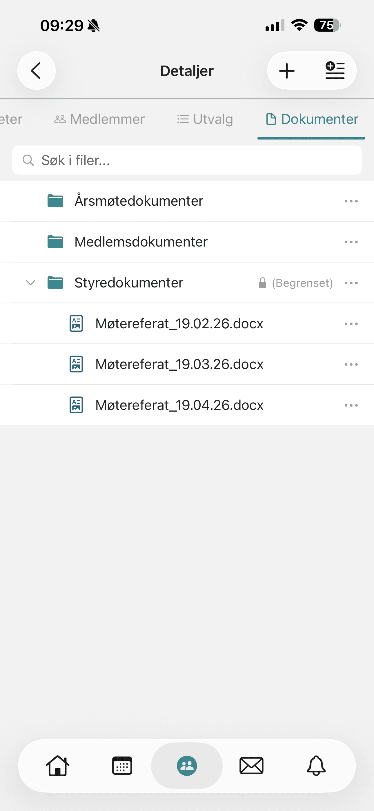 Dokumentmappene til en gruppe i appen