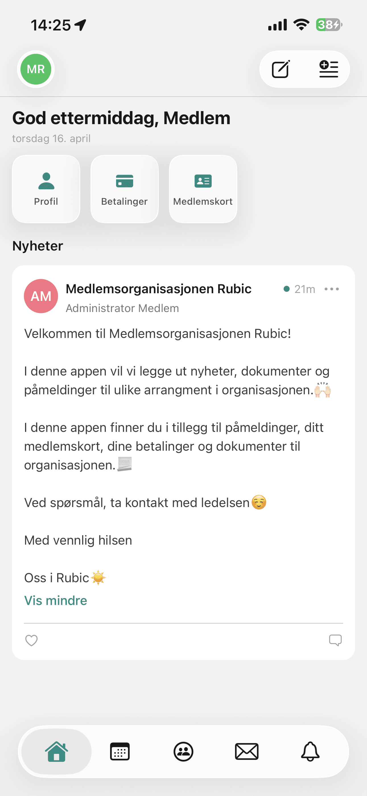 Forsiden i appen med snarvei til medlemskortet