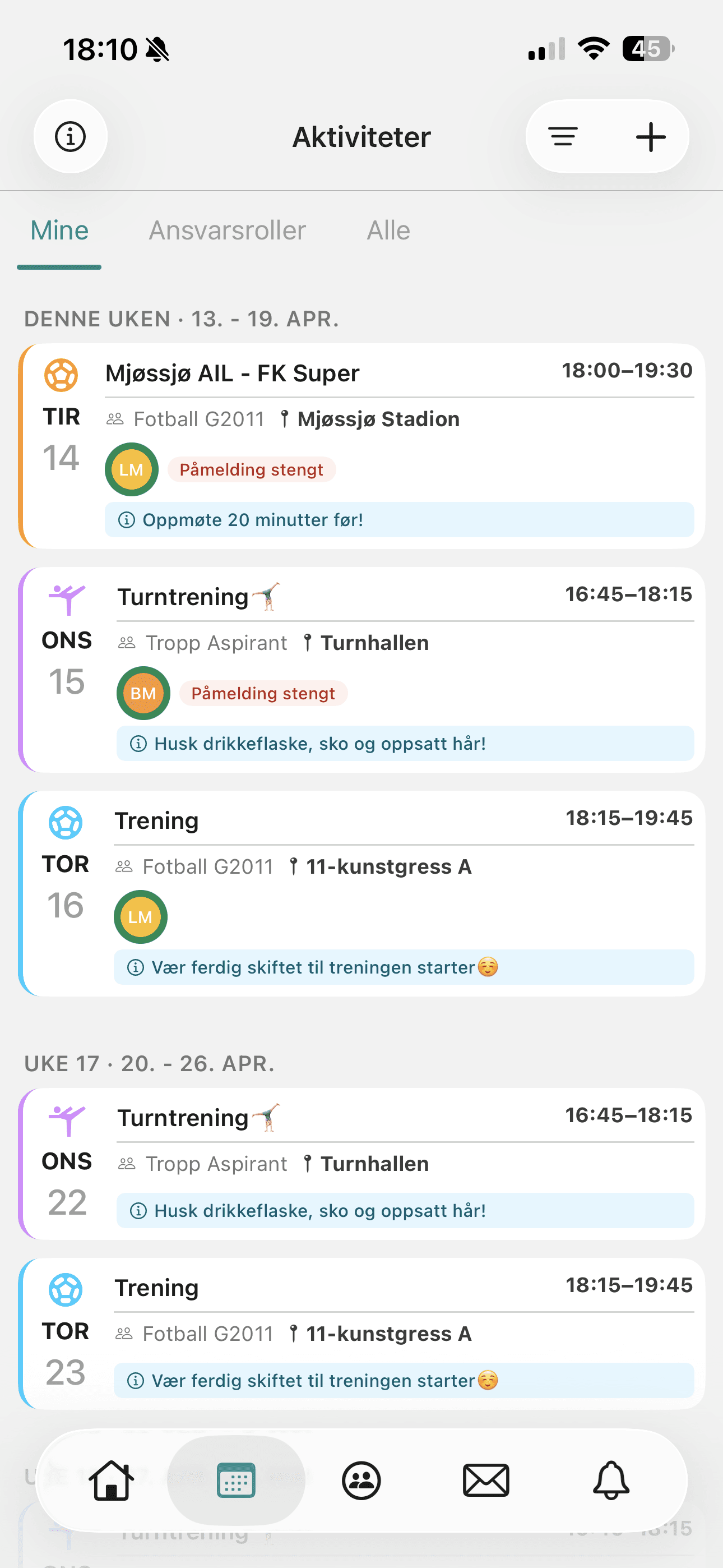 Aktivitetene i appen med påmeldingsstatus