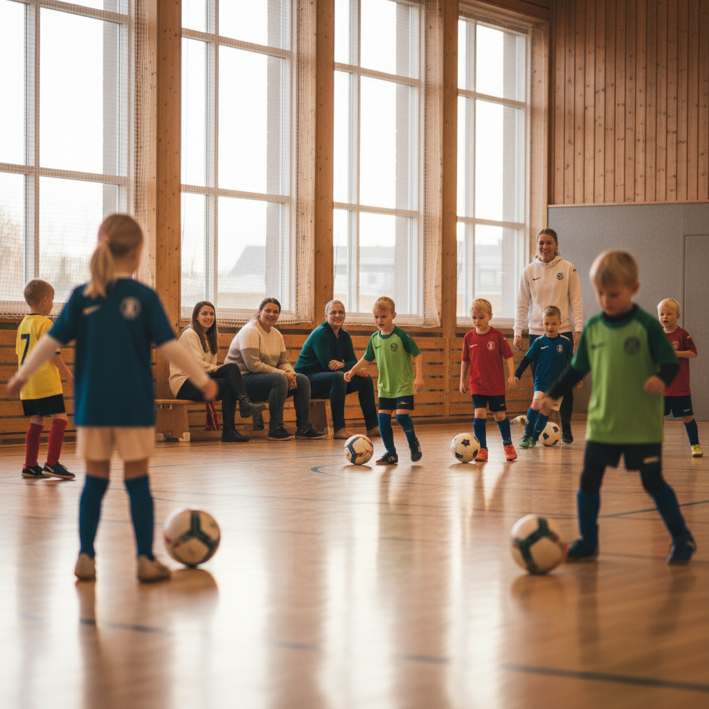 Norsk idrettshall med barn i aktivitet