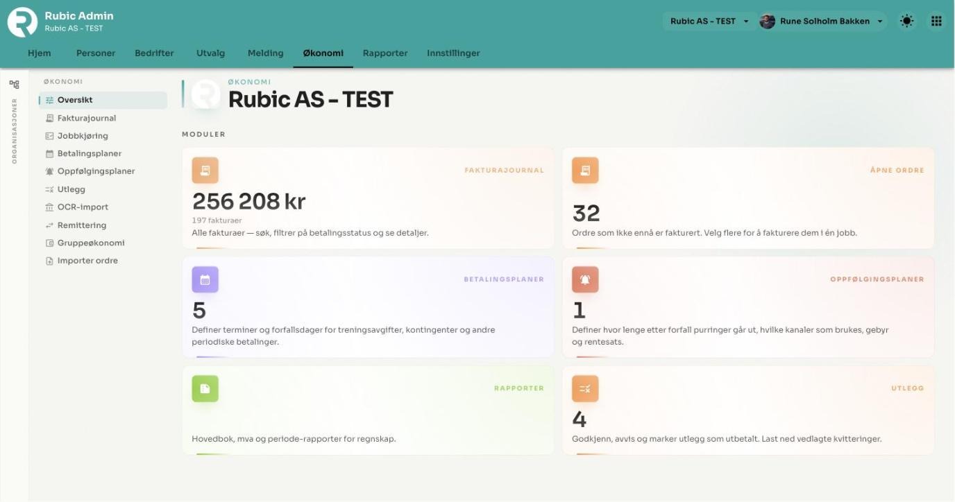 Rubic Admin – økonomioversikt med fakturajournal, betalingsplaner og utlegg